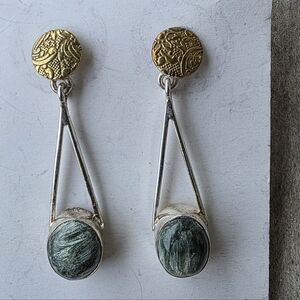 Seraphinite Gemstone  Earrings in 925 Sterling Silver w. Gold Vermeil  (1.75")